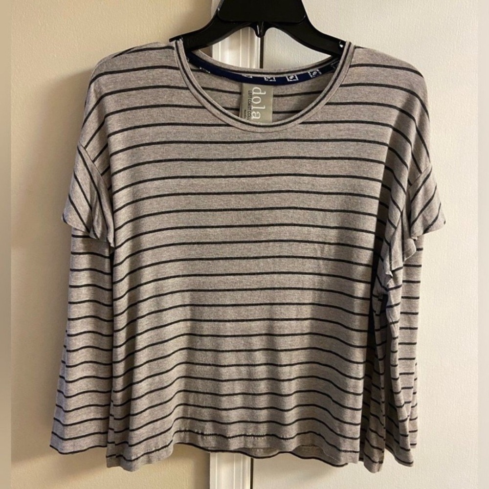 dolan Gray and black Striped Long Sleeve ruffled Tee Large